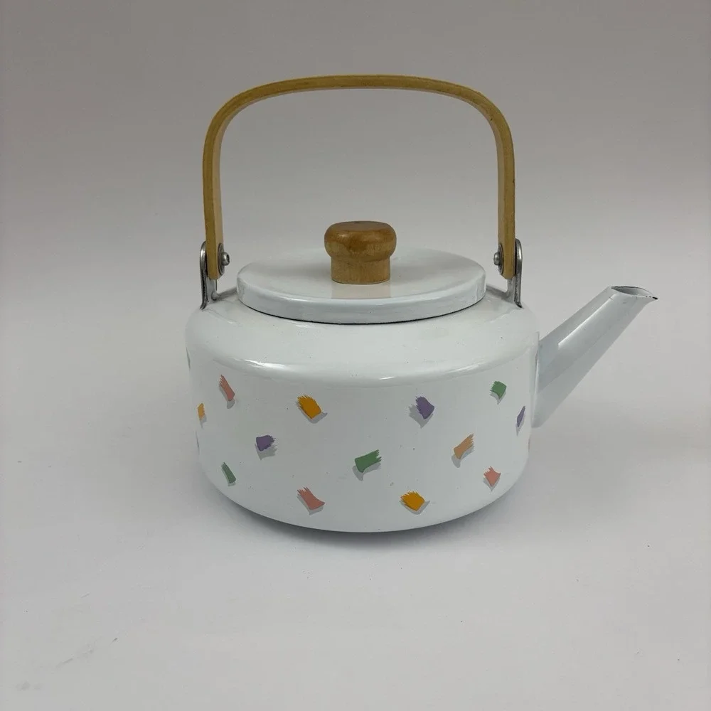 90s Teapot Saved By‎ The Bell Wood Handle Enamel Vintage Confetti Design